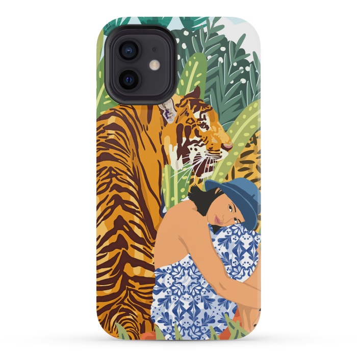 iPhone 12 mini StrongFit Awaken The Tiger Within Illustration, Wildlife Nature Wall Decor, Jungle Human Nature Connection by Uma Prabhakar Gokhale