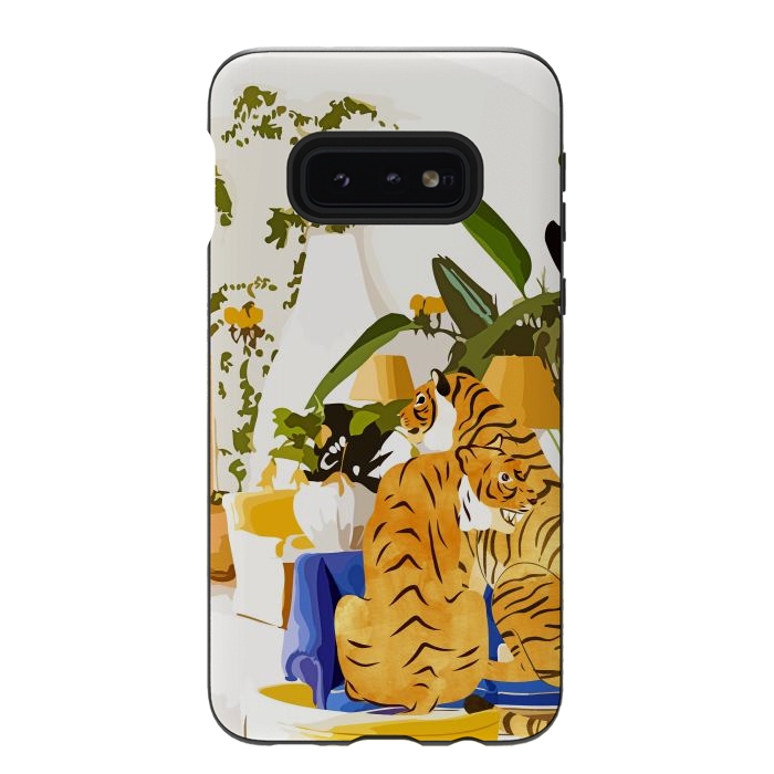 Galaxy S10e StrongFit Tiger Reserve Villa | Bohemian Tropical Jungle Décor | Pastel Honeymoon Couple Love Wildlife by Uma Prabhakar Gokhale