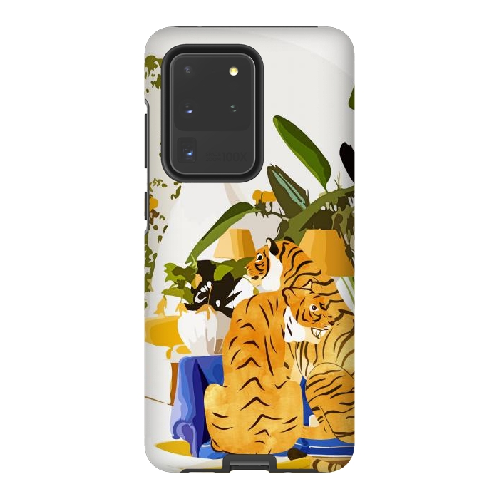 Galaxy S20 Ultra StrongFit Tiger Reserve Villa | Bohemian Tropical Jungle Décor | Pastel Honeymoon Couple Love Wildlife by Uma Prabhakar Gokhale