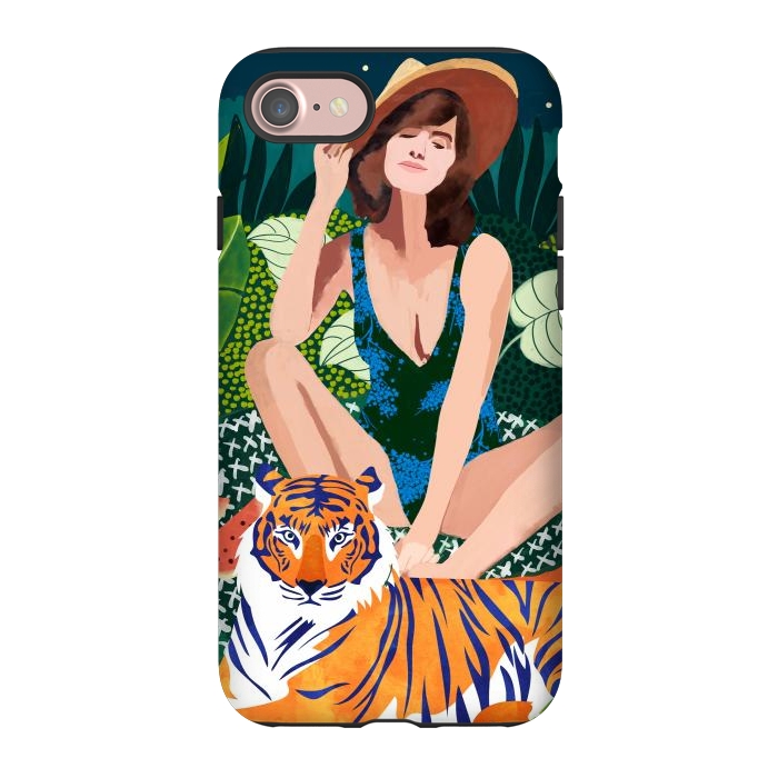 iPhone 7 StrongFit Living In The Jungle, Tiger Tropical Picnic Illustration, Forest Woman Bohemian Travel Camp Wild by Uma Prabhakar Gokhale