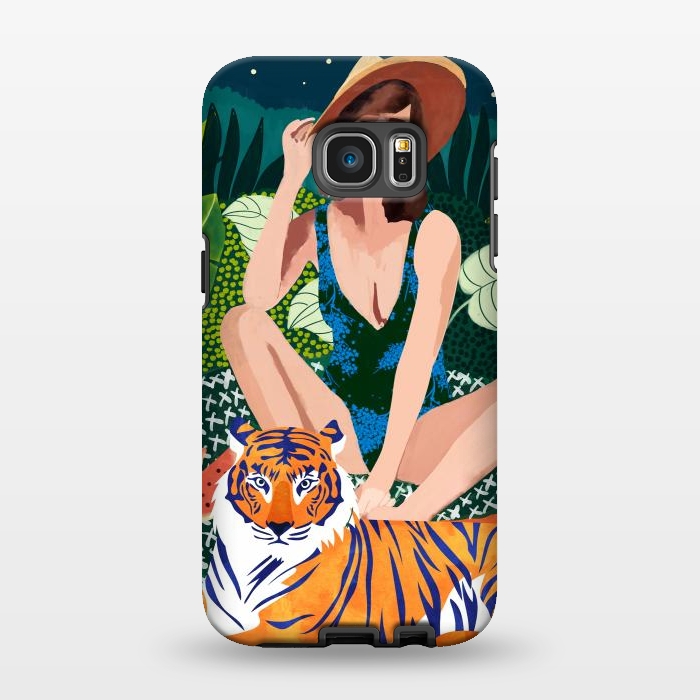 Galaxy S7 EDGE StrongFit Living In The Jungle, Tiger Tropical Picnic Illustration, Forest Woman Bohemian Travel Camp Wild by Uma Prabhakar Gokhale