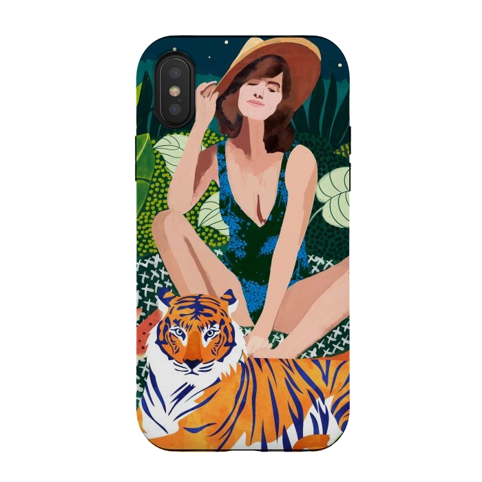 iPhone Xs / X StrongFit Living In The Jungle, Tiger Tropical Picnic Illustration, Forest Woman Bohemian Travel Camp Wild by Uma Prabhakar Gokhale