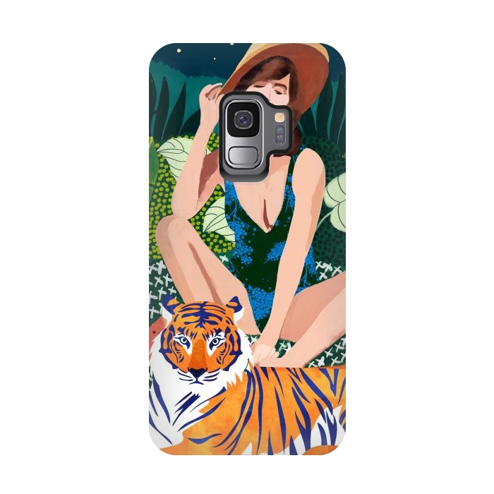 Galaxy S9 StrongFit Living In The Jungle, Tiger Tropical Picnic Illustration, Forest Woman Bohemian Travel Camp Wild by Uma Prabhakar Gokhale
