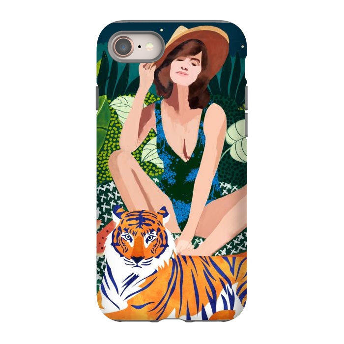 iPhone 8 StrongFit Living In The Jungle, Tiger Tropical Picnic Illustration, Forest Woman Bohemian Travel Camp Wild by Uma Prabhakar Gokhale