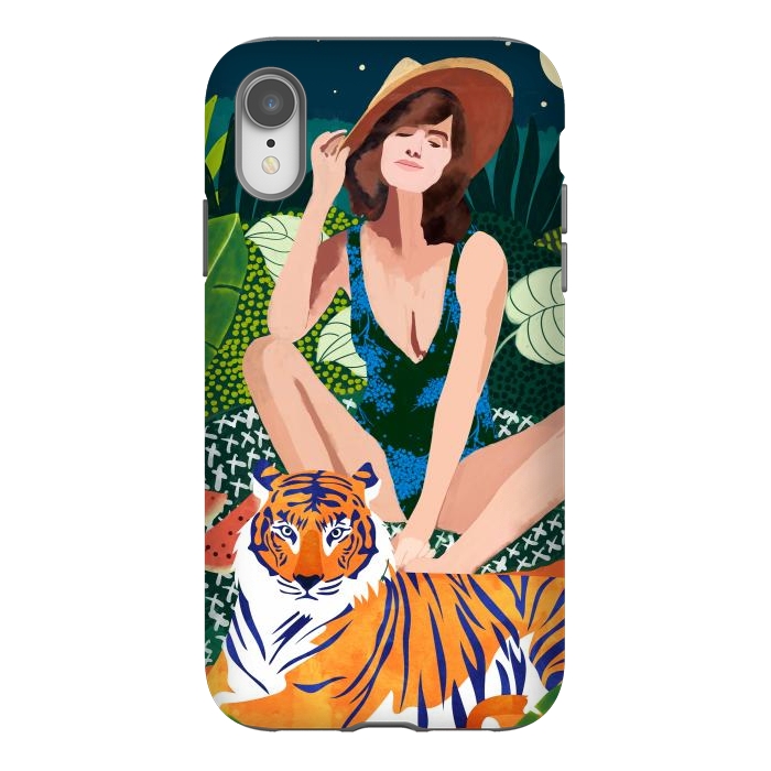 iPhone Xr StrongFit Living In The Jungle, Tiger Tropical Picnic Illustration, Forest Woman Bohemian Travel Camp Wild by Uma Prabhakar Gokhale