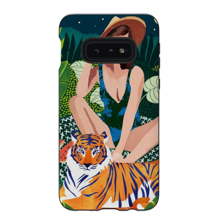 Galaxy S10e StrongFit Living In The Jungle, Tiger Tropical Picnic Illustration, Forest Woman Bohemian Travel Camp Wild by Uma Prabhakar Gokhale