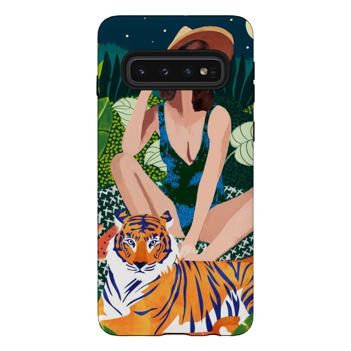 Galaxy S10 StrongFit Living In The Jungle, Tiger Tropical Picnic Illustration, Forest Woman Bohemian Travel Camp Wild by Uma Prabhakar Gokhale