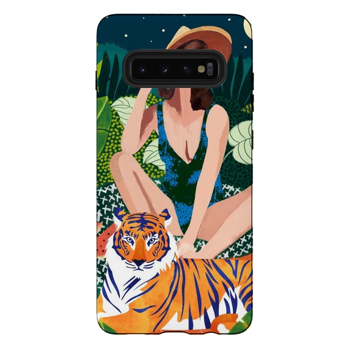 Galaxy S10 plus StrongFit Living In The Jungle, Tiger Tropical Picnic Illustration, Forest Woman Bohemian Travel Camp Wild by Uma Prabhakar Gokhale