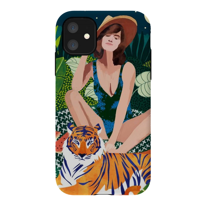 iPhone 11 StrongFit Living In The Jungle, Tiger Tropical Picnic Illustration, Forest Woman Bohemian Travel Camp Wild by Uma Prabhakar Gokhale