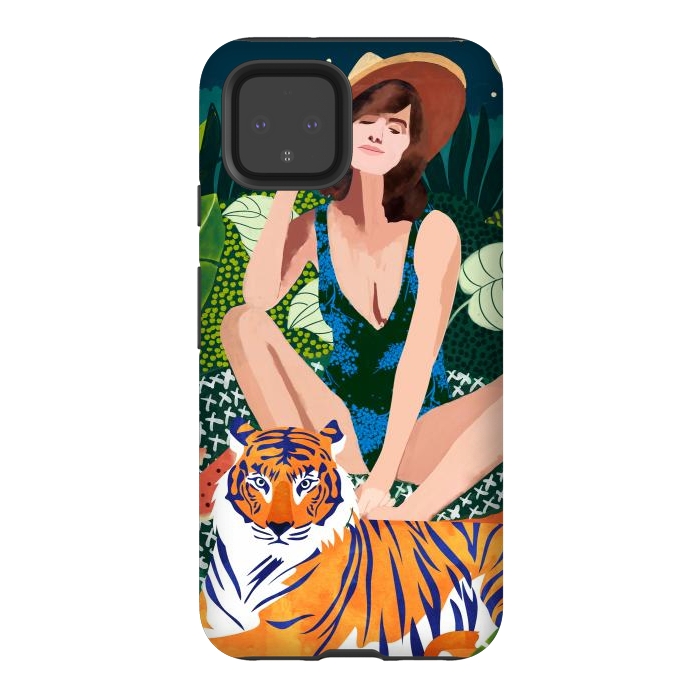 Pixel 4 StrongFit Living In The Jungle, Tiger Tropical Picnic Illustration, Forest Woman Bohemian Travel Camp Wild by Uma Prabhakar Gokhale