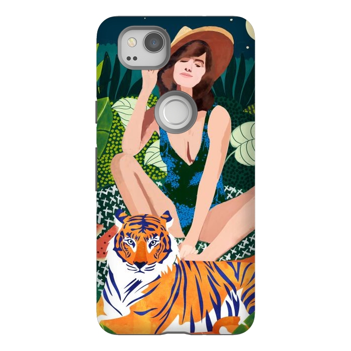 Pixel 2 StrongFit Living In The Jungle, Tiger Tropical Picnic Illustration, Forest Woman Bohemian Travel Camp Wild by Uma Prabhakar Gokhale