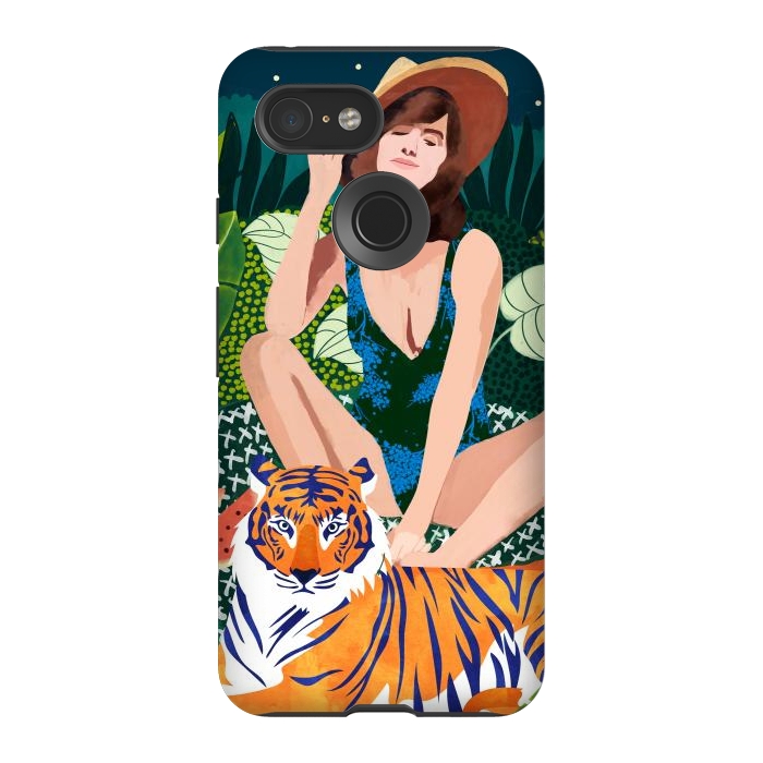 Pixel 3 StrongFit Living In The Jungle, Tiger Tropical Picnic Illustration, Forest Woman Bohemian Travel Camp Wild by Uma Prabhakar Gokhale
