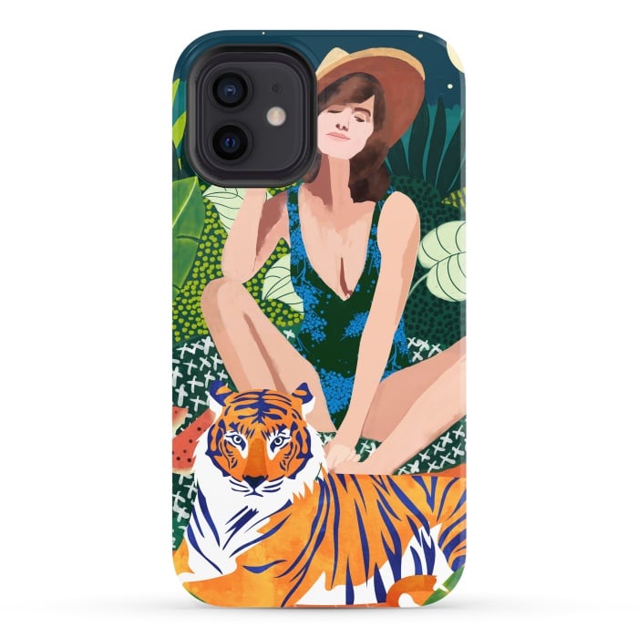 iPhone 12 StrongFit Living In The Jungle, Tiger Tropical Picnic Illustration, Forest Woman Bohemian Travel Camp Wild by Uma Prabhakar Gokhale