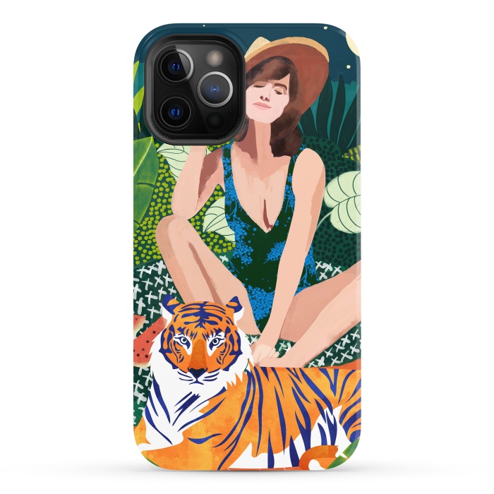 iPhone 12 Pro StrongFit Living In The Jungle, Tiger Tropical Picnic Illustration, Forest Woman Bohemian Travel Camp Wild by Uma Prabhakar Gokhale