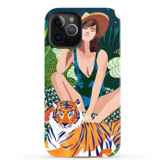 iPhone 12 Pro Max StrongFit Living In The Jungle, Tiger Tropical Picnic Illustration, Forest Woman Bohemian Travel Camp Wild by Uma Prabhakar Gokhale