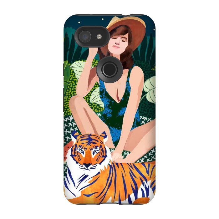 Pixel 3A StrongFit Living In The Jungle, Tiger Tropical Picnic Illustration, Forest Woman Bohemian Travel Camp Wild by Uma Prabhakar Gokhale