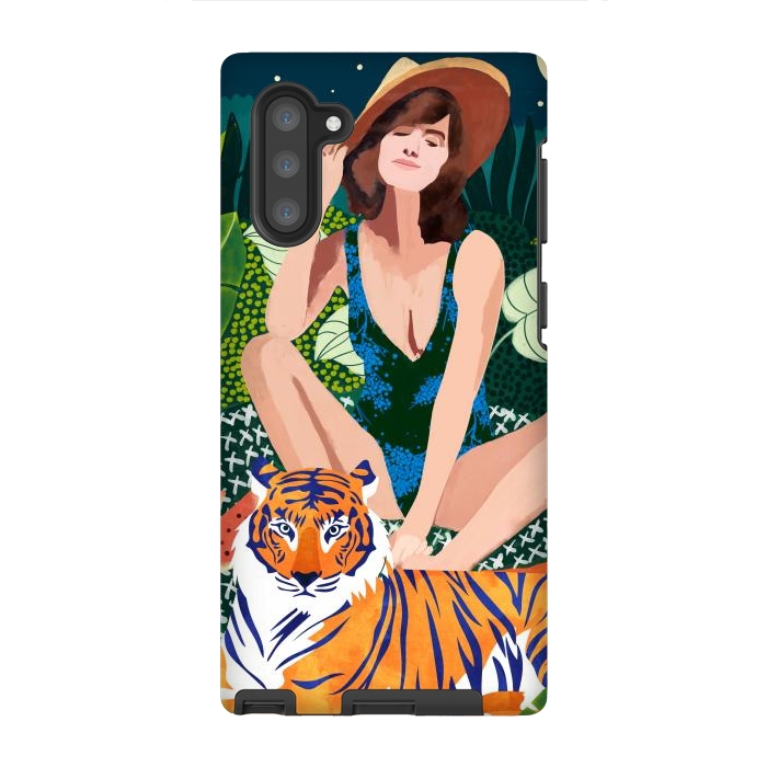 Galaxy Note 10 StrongFit Living In The Jungle, Tiger Tropical Picnic Illustration, Forest Woman Bohemian Travel Camp Wild by Uma Prabhakar Gokhale