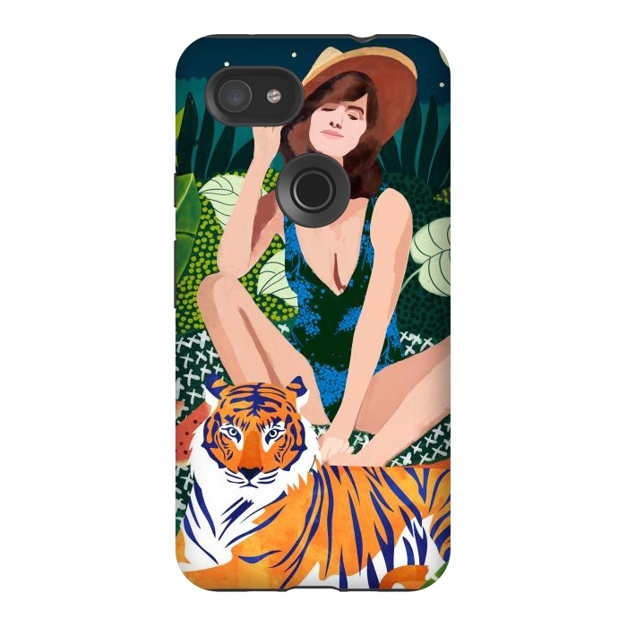 Pixel 3AXL StrongFit Living In The Jungle, Tiger Tropical Picnic Illustration, Forest Woman Bohemian Travel Camp Wild by Uma Prabhakar Gokhale