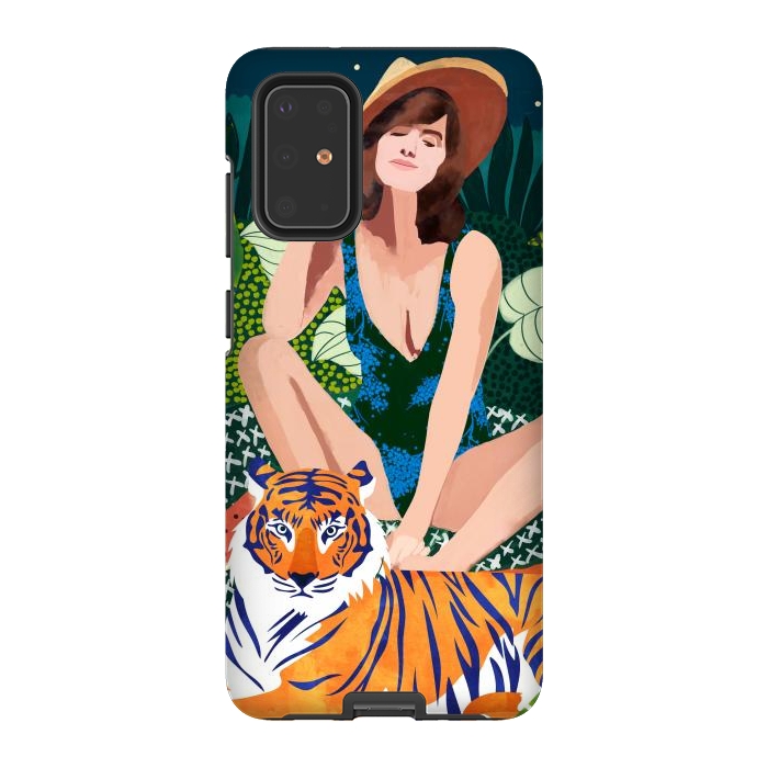 Galaxy S20 Plus StrongFit Living In The Jungle, Tiger Tropical Picnic Illustration, Forest Woman Bohemian Travel Camp Wild by Uma Prabhakar Gokhale
