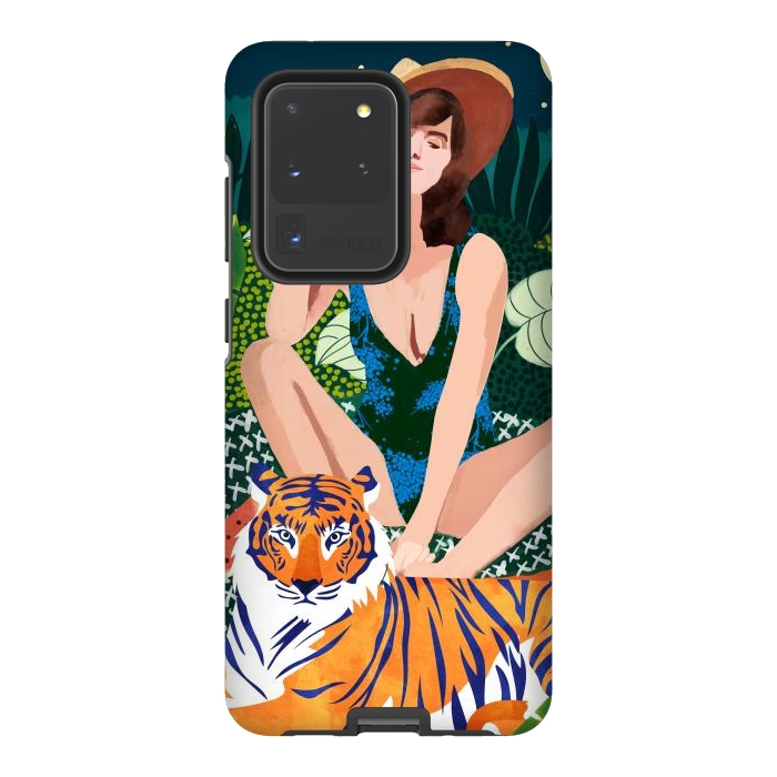 Galaxy S20 Ultra StrongFit Living In The Jungle, Tiger Tropical Picnic Illustration, Forest Woman Bohemian Travel Camp Wild by Uma Prabhakar Gokhale
