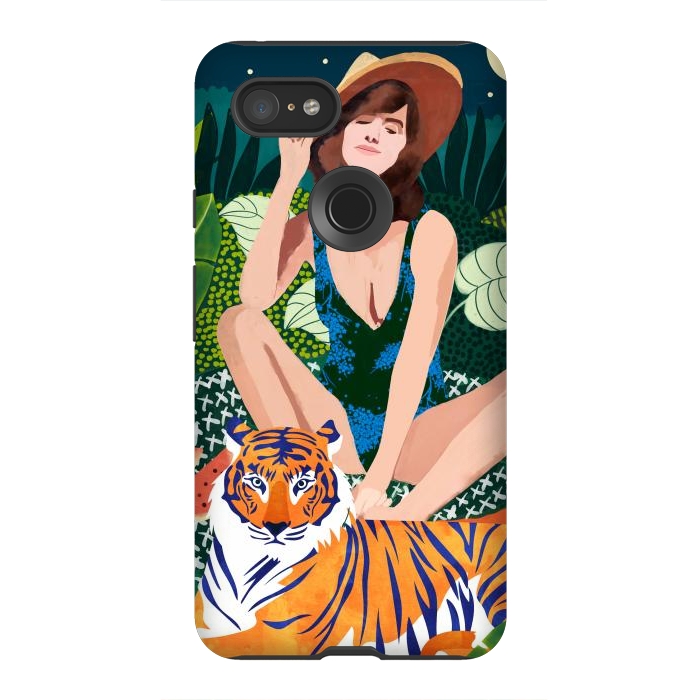 Pixel 3XL StrongFit Living In The Jungle, Tiger Tropical Picnic Illustration, Forest Woman Bohemian Travel Camp Wild by Uma Prabhakar Gokhale