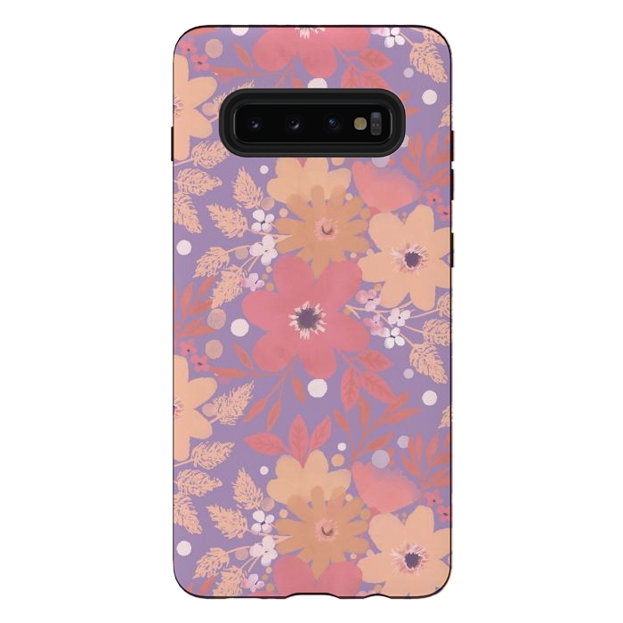Galaxy S10 plus StrongFit Watercolor dotted wildflowers - pink purple by Oana 