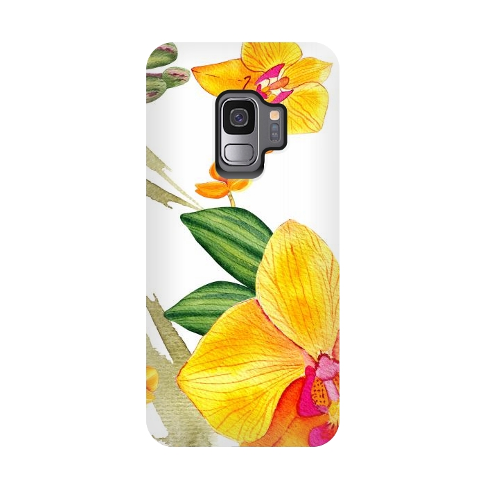 Galaxy S9 StrongFit watercolor yellow orchid flowers by haroulita