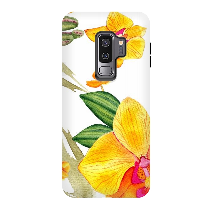 Galaxy S9 plus StrongFit watercolor yellow orchid flowers by haroulita