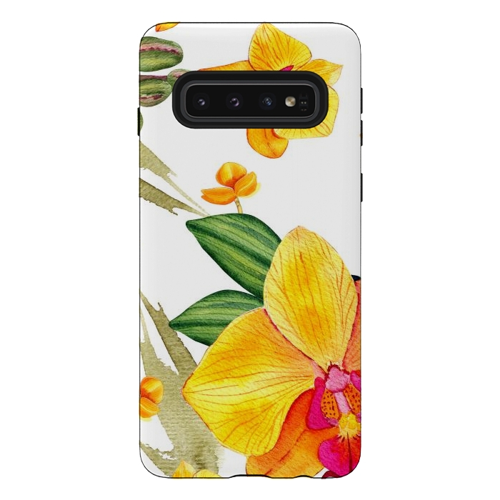 Galaxy S10 StrongFit watercolor yellow orchid flowers by haroulita