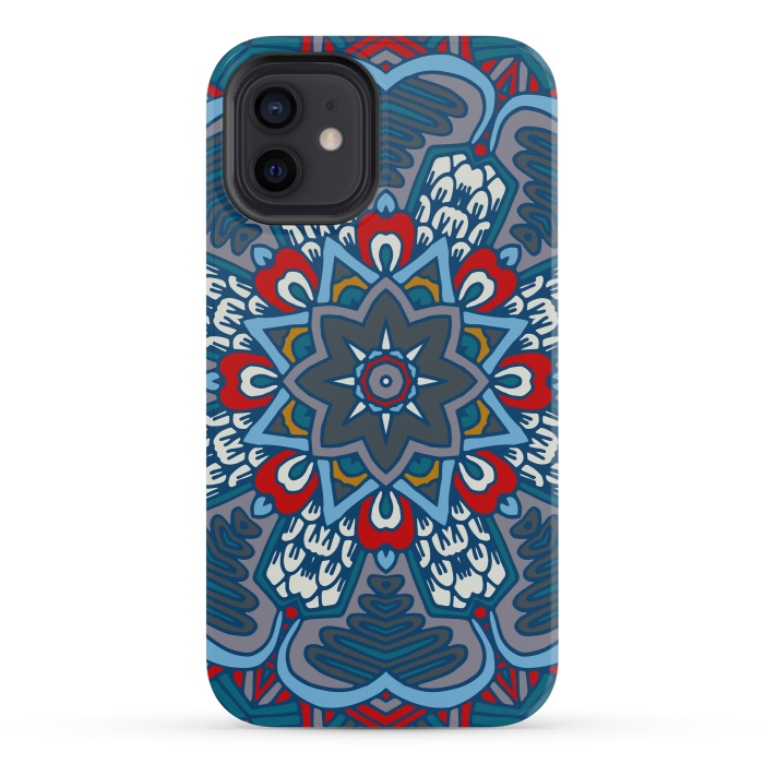 iPhone 12 mini StrongFit blue red star flower mandala by haroulita