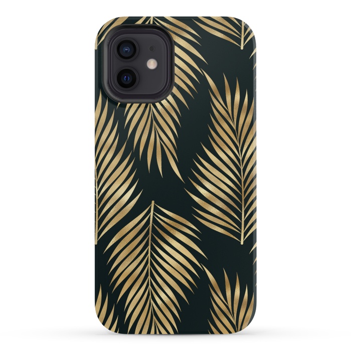iPhone 12 mini StrongFit black gold fern leaves  by haroulita