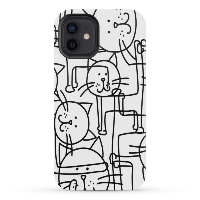 iPhone 12 mini StrongFit black white doodle cats by haroulita