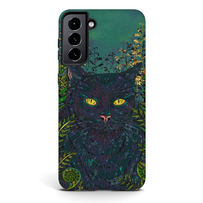 Galaxy S21 StrongFit Black Cat in Ferns by Lotti Brown
