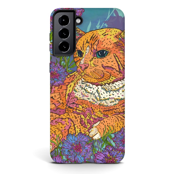Galaxy S21 StrongFit Ginger Cat in Flowers by Lotti Brown