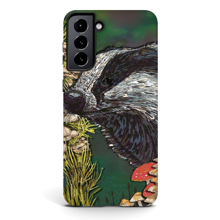 Galaxy S21 StrongFit Badger Woodland Walk by Lotti Brown