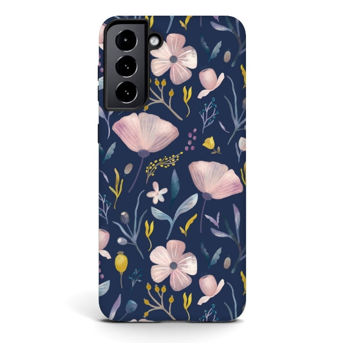 Galaxy S21 StrongFit Delicate Pastel Floral on Blue by Noonday Design