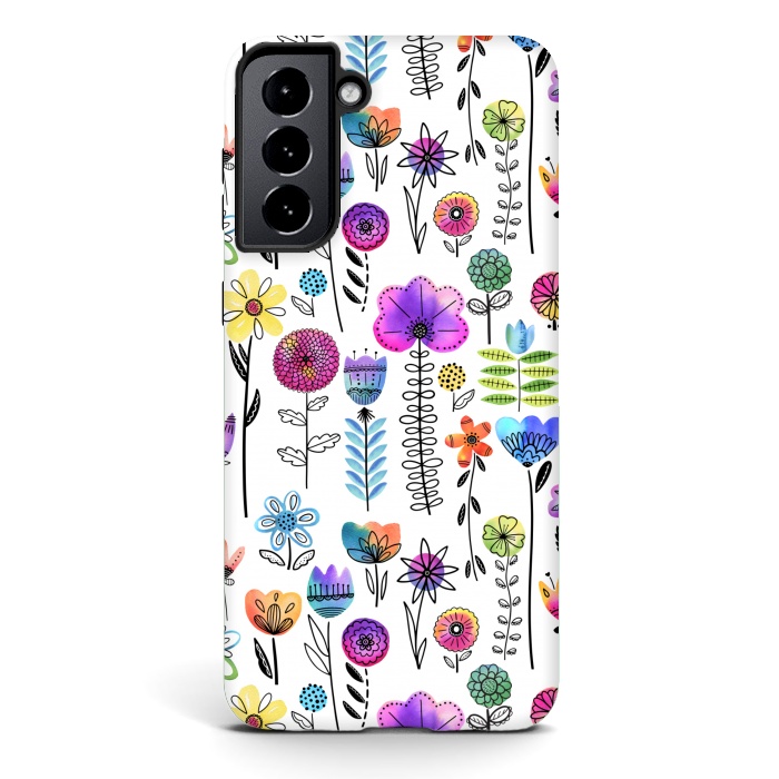 Galaxy S21 StrongFit Bright Watercolor and Line Art Flowers by Noonday Design