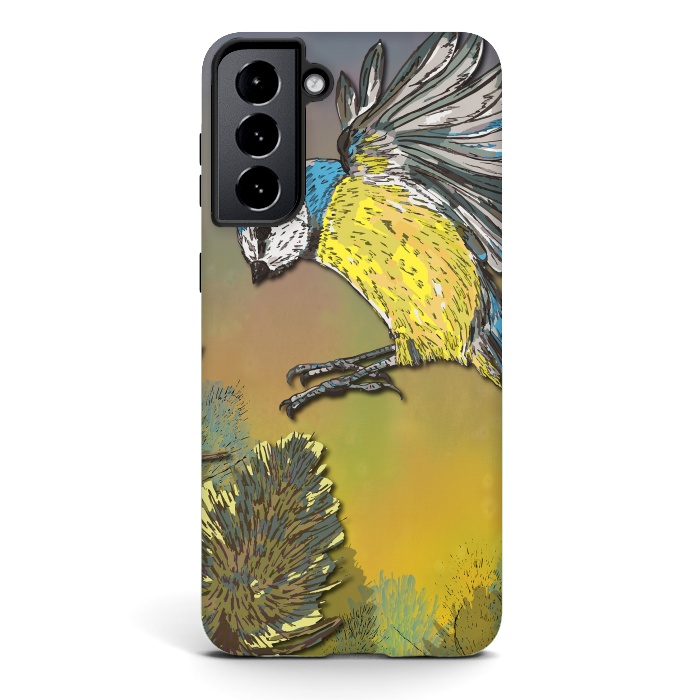 Galaxy S21 plus StrongFit Blue Tit and Teasels by Lotti Brown