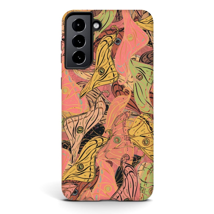 Galaxy S21 StrongFit Boho Butterfly Wings in Coral and Yellow by Lotti Brown