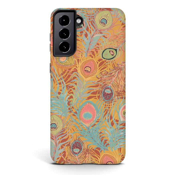 Galaxy S21 StrongFit Peacock Feathers - Soft Coral by Lotti Brown