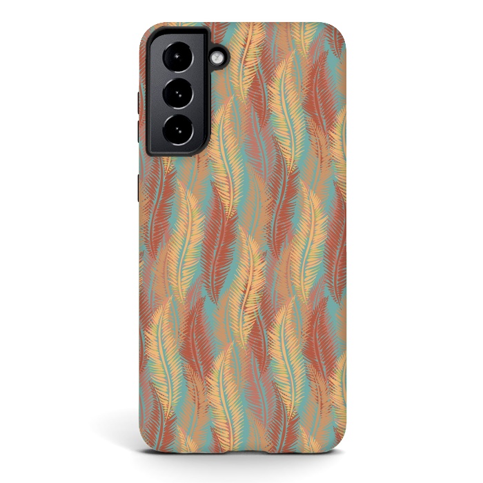 Galaxy S21 StrongFit Feather Stripe - Coral & Turquoise by Lotti Brown