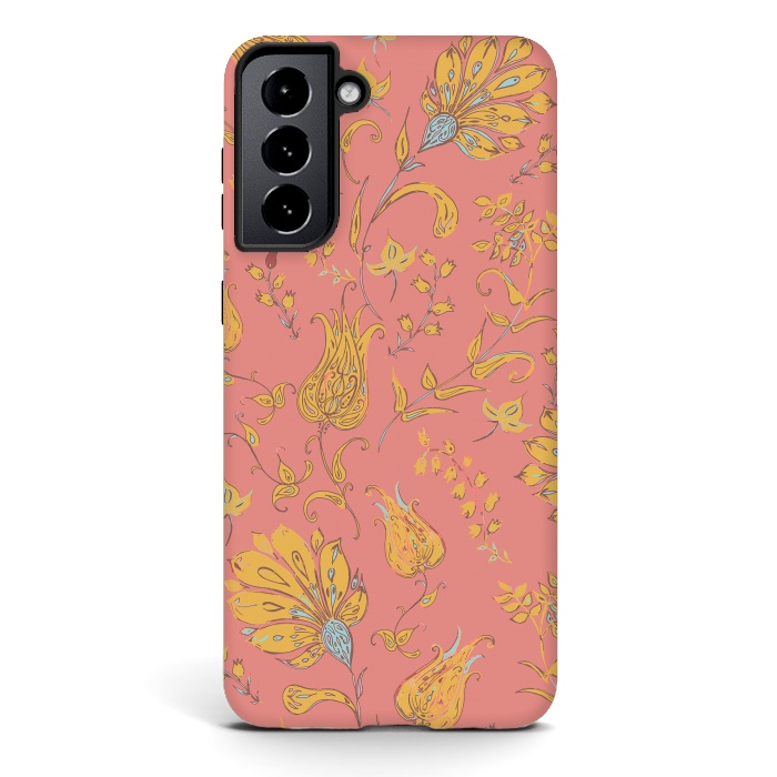 Galaxy S21 StrongFit Paradise Floral - Coral & Yellow by Lotti Brown