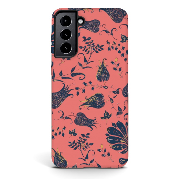 Galaxy S21 StrongFit Paradise Florals - Coral & Blue by Lotti Brown