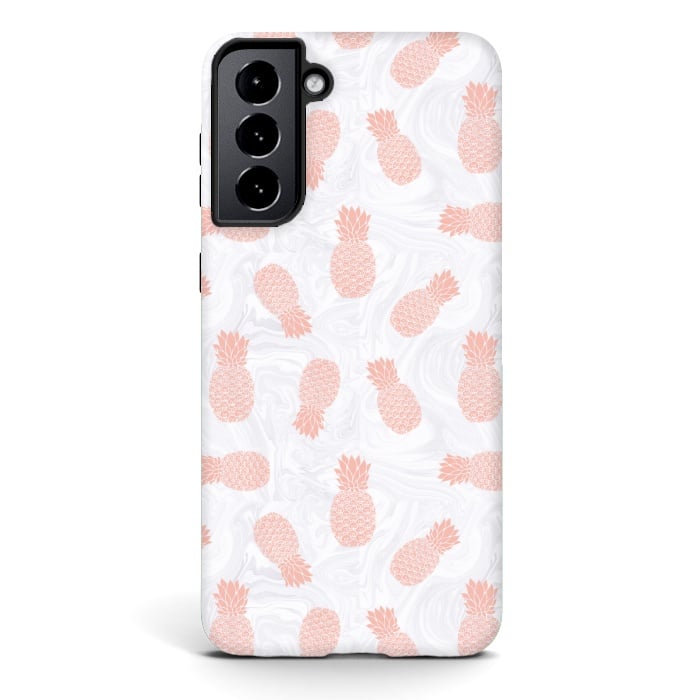 Galaxy S21 plus StrongFit Pink Pineapples on White Marble by Julie Erin Designs