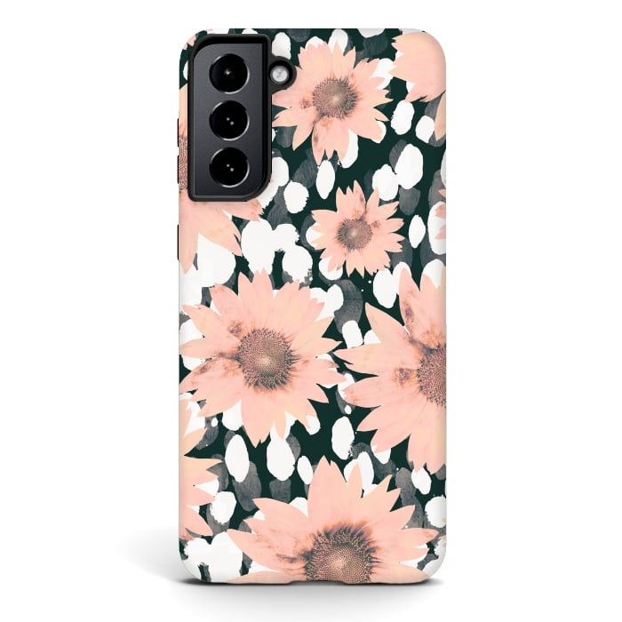 Galaxy S21 StrongFit Pink flower petals and paint dots by Oana 