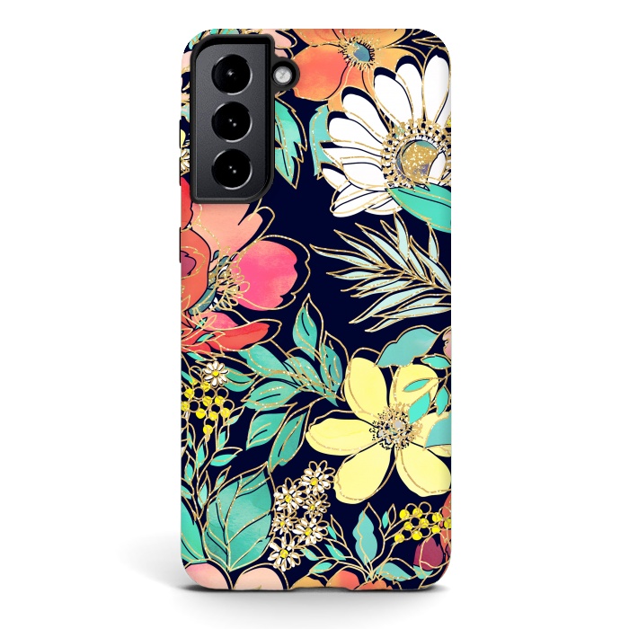 Galaxy S21 StrongFit Cute girly pink floral golden strokes design by InovArts