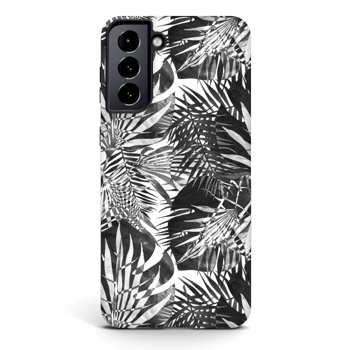 Galaxy S21 StrongFit Black and white tropical leaves illusion by Oana 