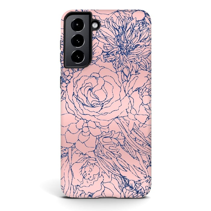 Galaxy S21 plus StrongFit Stylish Metallic Navy Blue and Pink Floral Design by InovArts