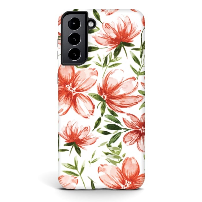 Galaxy S21 StrongFit Red Watercolor Flowers by Bledi