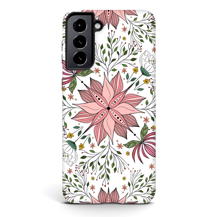 Galaxy S21 StrongFit Cute Vintage Pink Floral Doodles Tile Art by InovArts